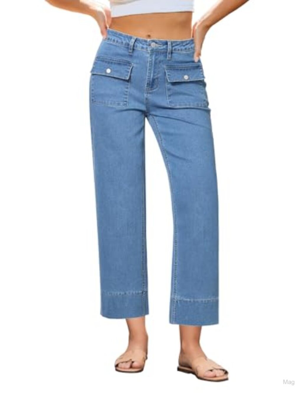 High Waisted Wide Leg Cropped Jeans for Women Stretchy Denim Patch Pockets